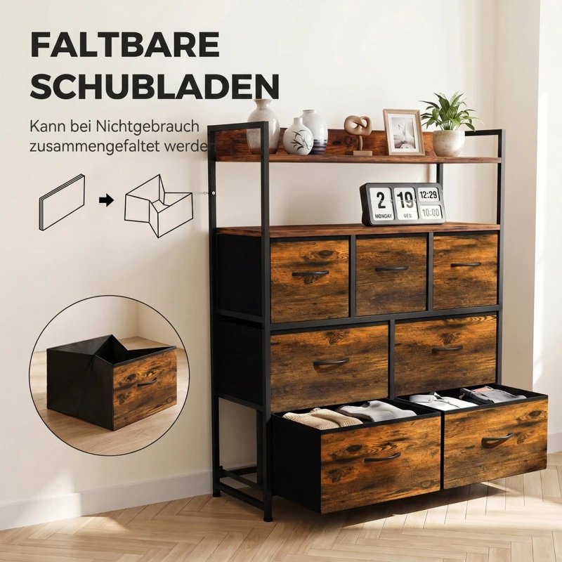HOMCOM Schlafzimmer Kommode mit 7 Schubladen und Stahlrahmen, Stoffkommode in  Rustikal-Braun