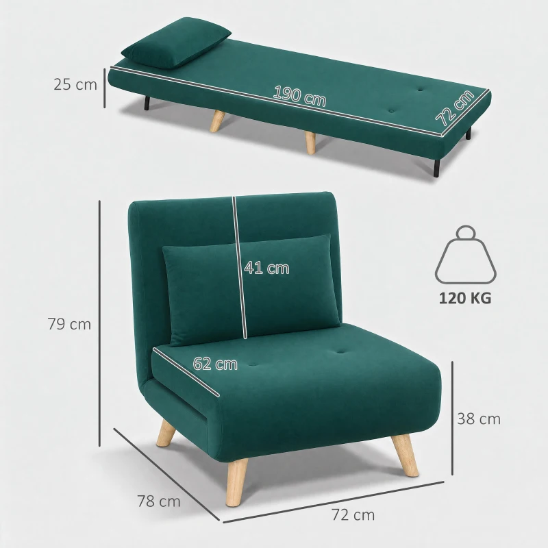 HOMCOM 3-in-1 slaapfauteuil, uitklapbare fauteuil met bedfunctie, verstelbare click-clack-rugleuning, poten van rubberhout, donkergroen