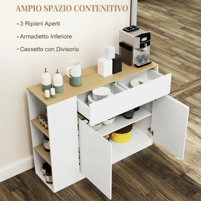 HOMCOM Credenza Cucina con 2 Ante, Ripiano Regolabile, 2 Cassetti, 3 Scomparti Aperti, 106x30x81.2 cm, Bianco