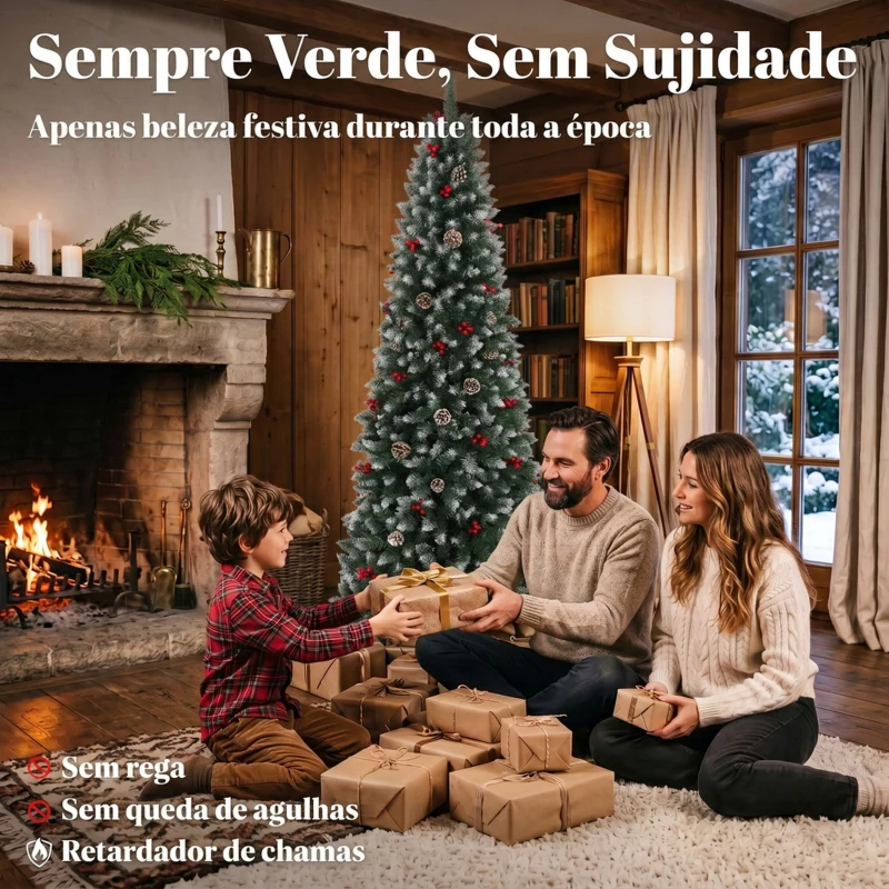 HOMCOM Árvore de Natal Nevada Tipo Lápis 210 cm Estreita com Bagas Vermelhas, Pinhas e 818 Pontas Verde