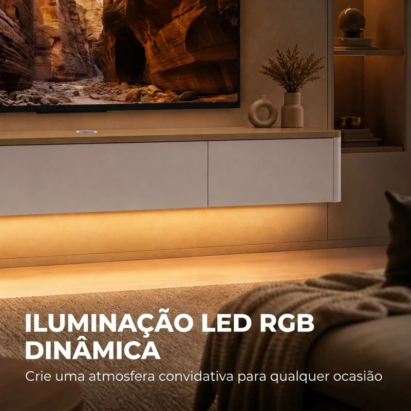 HOMCOM Móvel para TV Suspenso com LED RGB, Tomadas, Armário e 2 Gavetas, para TV até 65", 140x24x20 cm, Branco