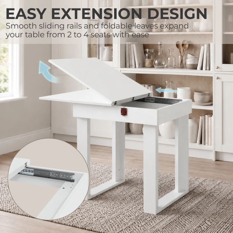 HOMCOM Folding Dining Table Under-Table Storage Extendable Kitchen Table Steel Rail White