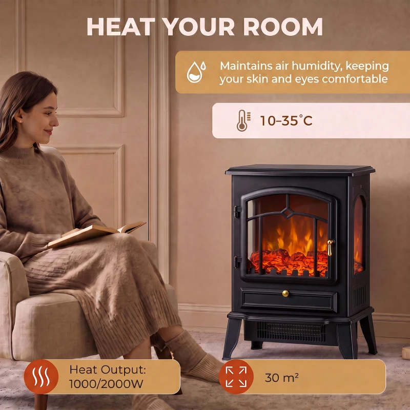 HOMCOM Electric Fireplace Stove, 1000/2000W 3-Sided Freestanding Fireplace Heater with 3D Flame Log, Thermostat, Black