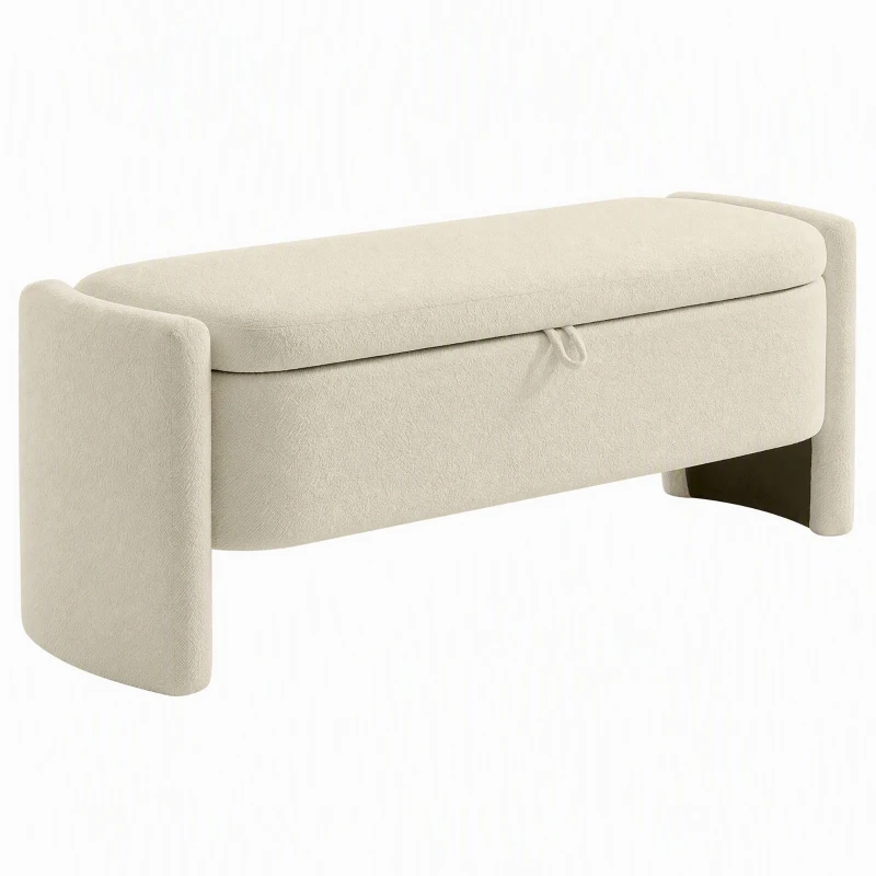HOMCOM Banc Bout de Lit Banquette, 118x42x45cm, Banc de Rangement Rembourré en Tissu Bouclé, Pieds en Bois d'Eucalyptus, Crème