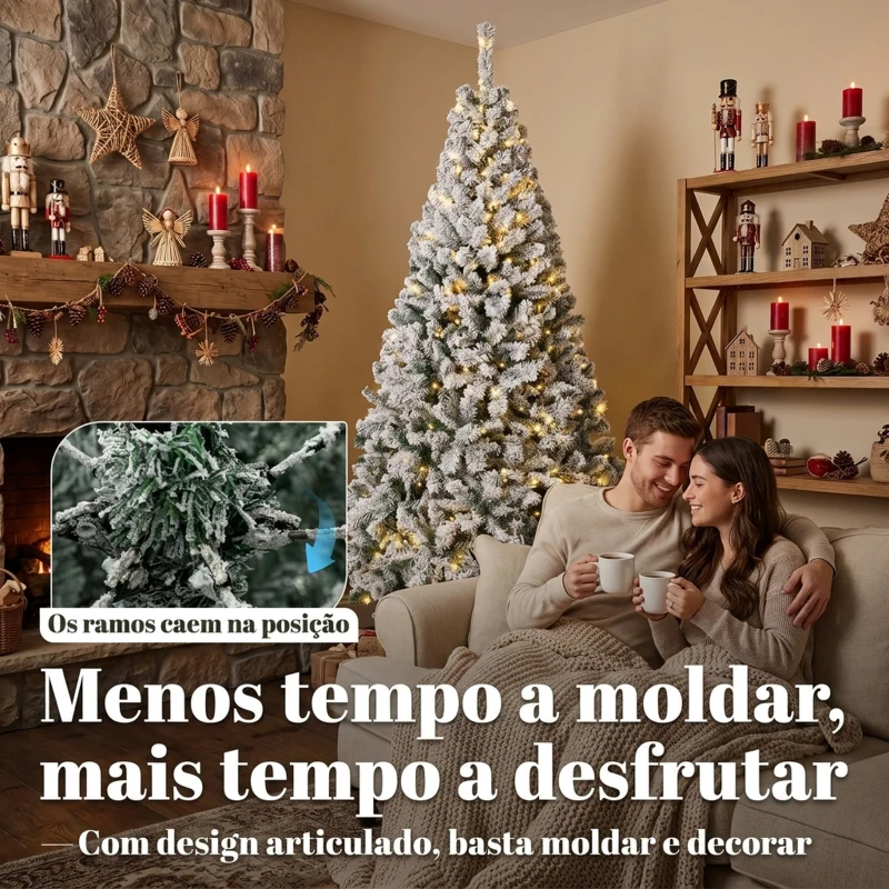 HOMCOM Árvore de Natal nevada com luzes LED 200 cm, abeto Fraser, ramos articulados, base metálica dobrável, verde e branco