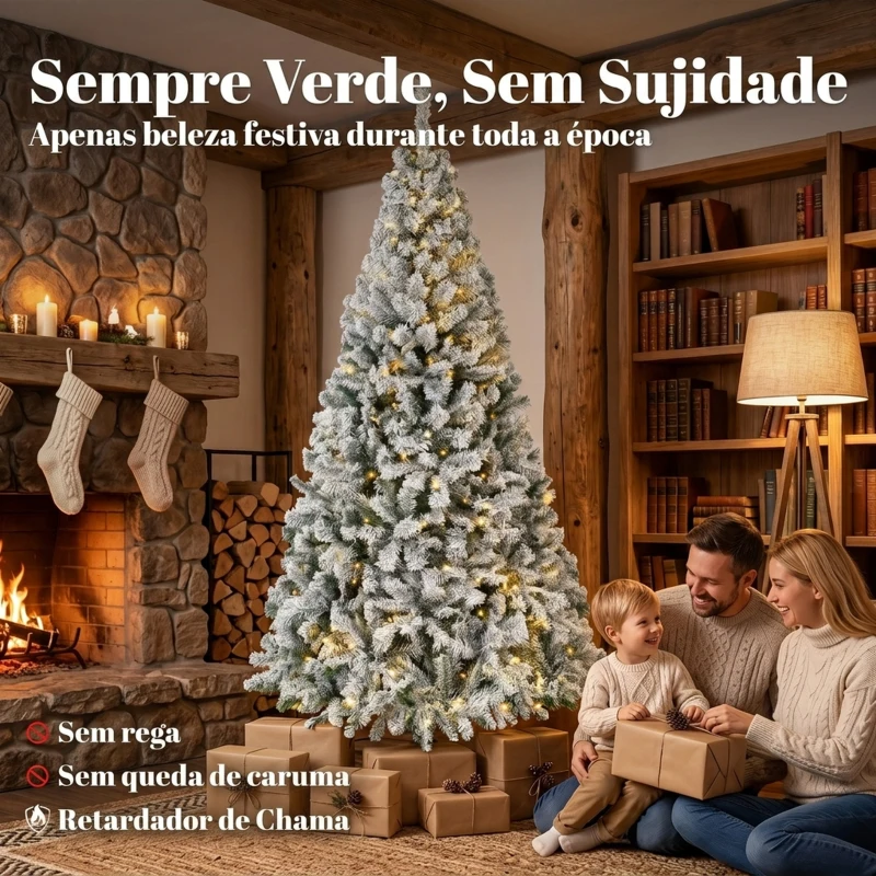 HOMCOM Árvore de Natal nevada com luzes LED 200 cm, abeto Fraser, ramos articulados, base metálica dobrável, verde e branco