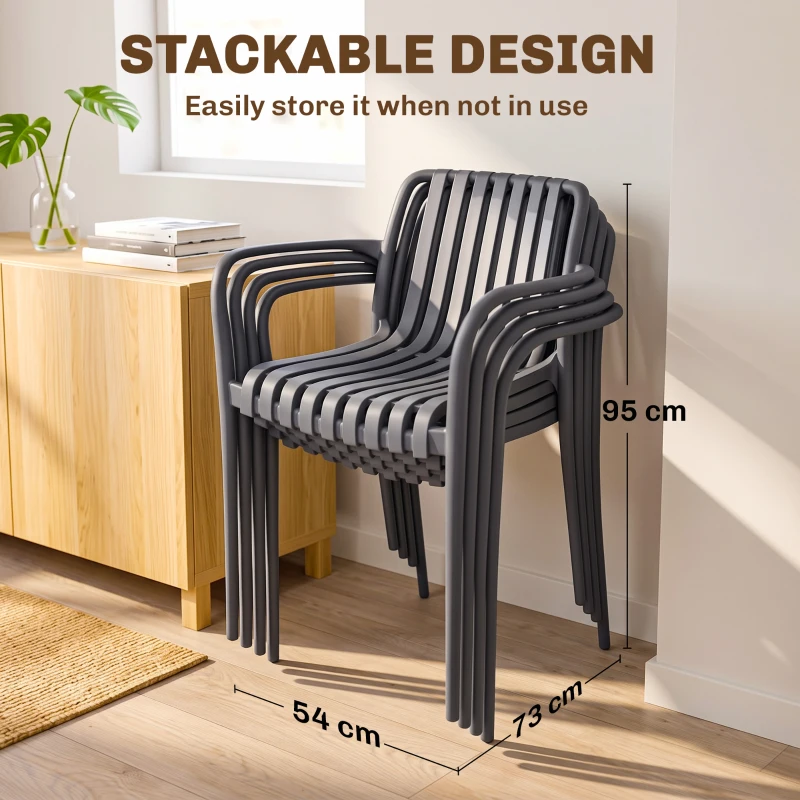 Outsunny Gartenstühle 4er Set Stapelbare Terrassenstühle mit Lamelldesign Armlehnen, Ergonomisch Dunkelgrau