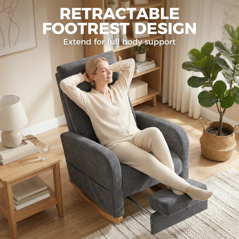 HOMCOM Upholstered Rocking Chair Retractable Footrest Rocker Chair High Back for Living Room Grey