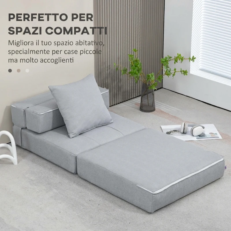 HOMCOM Divano Letto, con Cuscino Lavabile, Tessuto Effetto Lino Traspirante per Casa Lettura, Grigio Chiaro