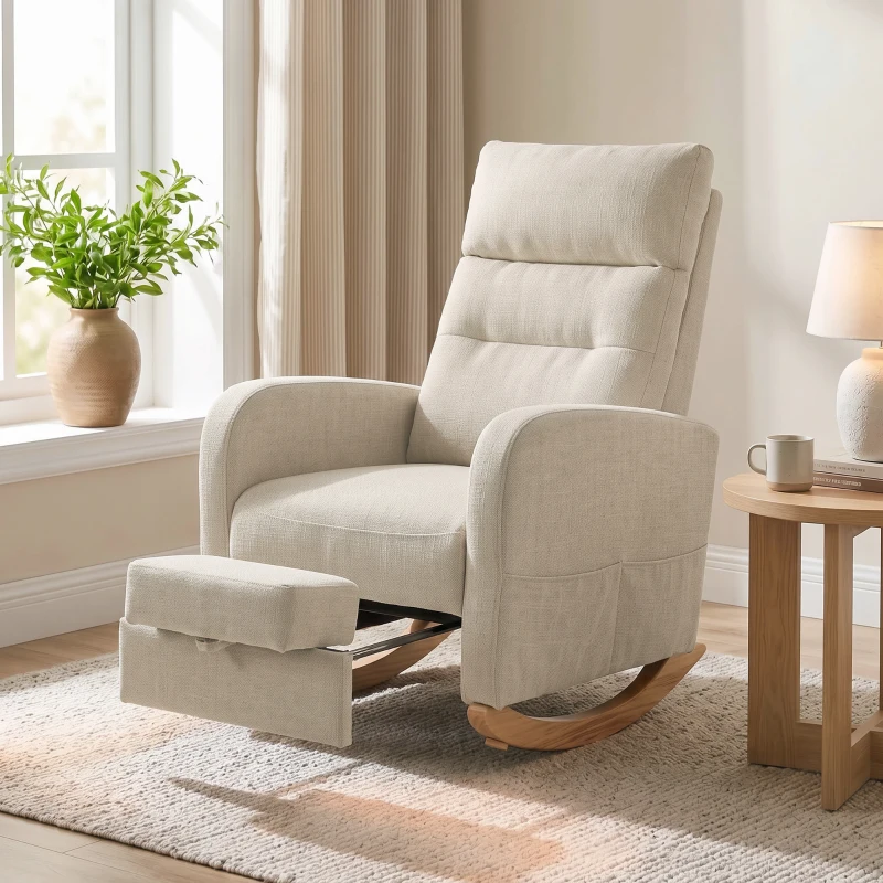 HOMCOM Upholstered Rocking Chair Retractable Footrest Rocker Chair High Back for Living Room Cream White