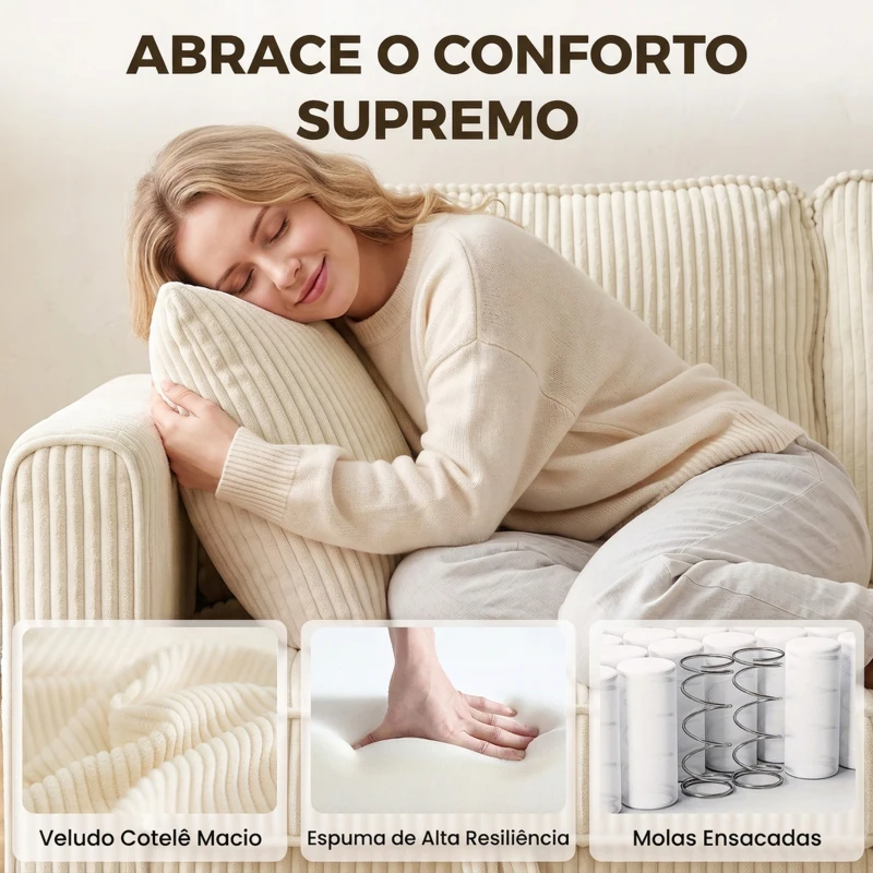 HOMCOM Sofá modular em L de 235 cm com arrumação e ottoman em bombazina, creme