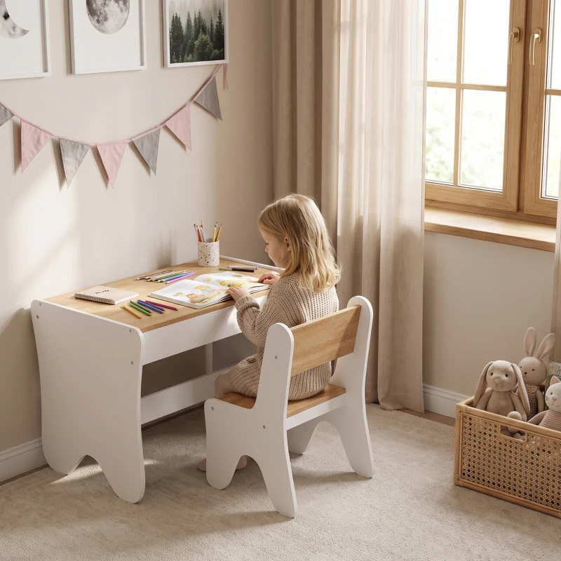 AIYAPLAY Set Tavolo Bambini con Sedia, Cassetto, 3-8 Anni, Bordi Arrotondati, per Cameretta, Soggiorno, Asilo, Bianco