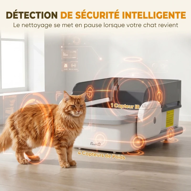 PawHut Litière Chat Autonettoyante Design Ouvert avec Râteau Contrôle TUYA Sécurité Anti-Pincement Bac 10L 72x54x31cm Gris