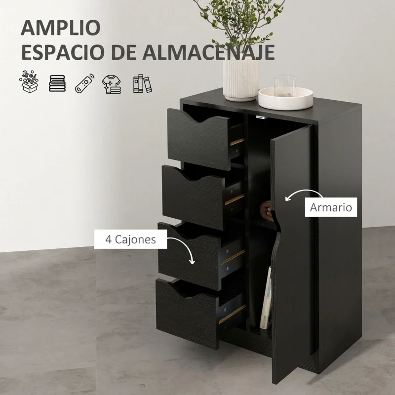 HOMCOM Armario de Salón con 4 Cajones 1 Puerta y Estante Interior Mueble de Almacenaje Multiusos 54x29x83 cm Negro