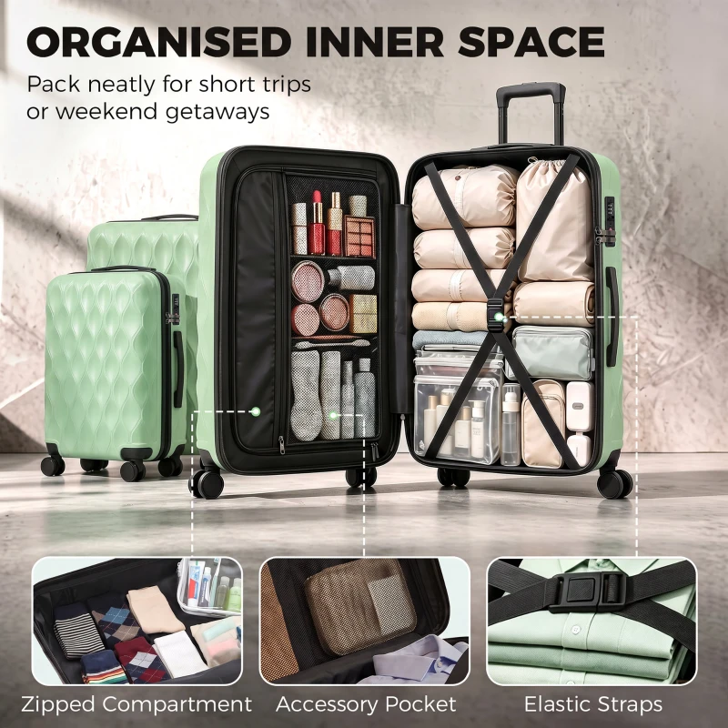 HOMCOM 3-Piece Suitcase Set, Hard Shell Carry On & Checked Luggage Set with TSA Lock, 20/24/28 Inch, Green