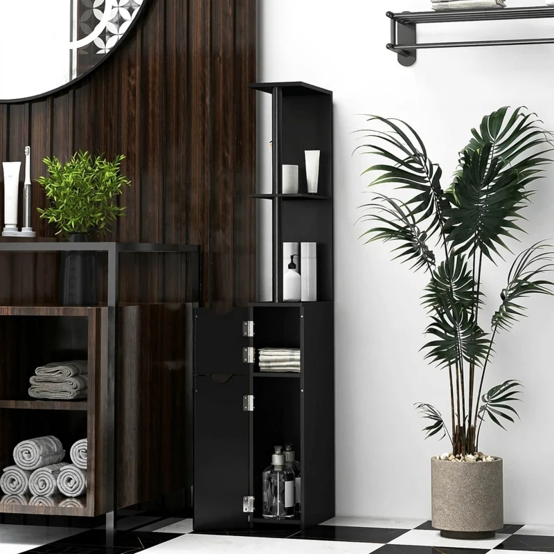 kleankin Coloană pentru baie cu 2 rafturi și 2 dulapuri, mobilier înalt și compact pentru baie, 15,2x29,8x118 cm, negru