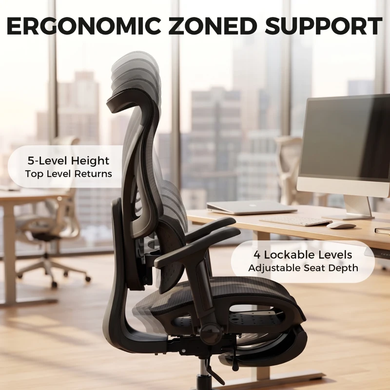 HOMCOM Ergonomic Office Chair with Lumbar Support, Mesh Reclining Desk Chair with Footrest, Adjustable High Back, Black