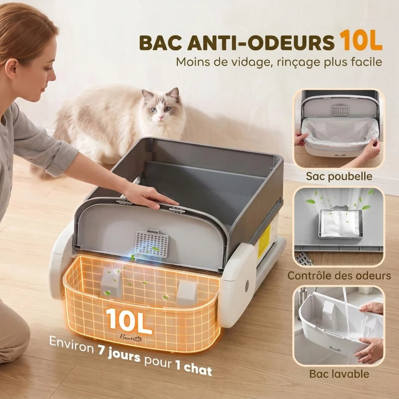 PawHut Litière Chat Autonettoyante Design Ouvert avec Râteau Contrôle TUYA Sécurité Anti-Pincement Bac 10L 72x54x31cm Gris
