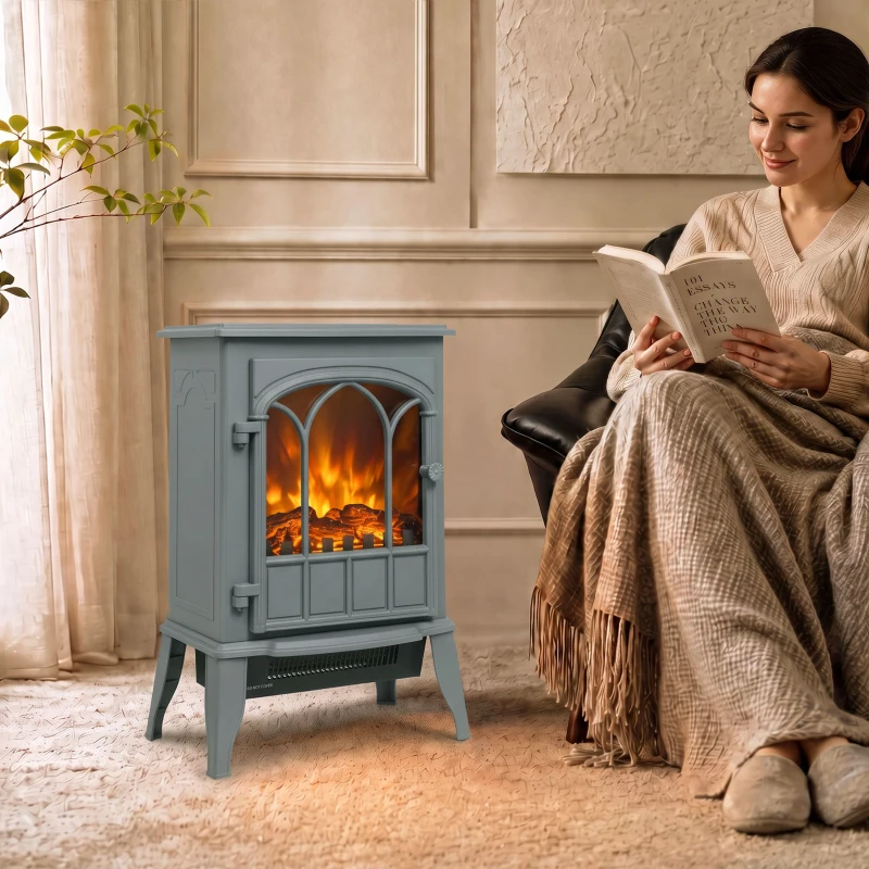 HOMCOM Freestanding Electric Fireplace, Electric Log Burner with LED Flame Effect, Overheating Safety System, 1000W/2000W Grey
