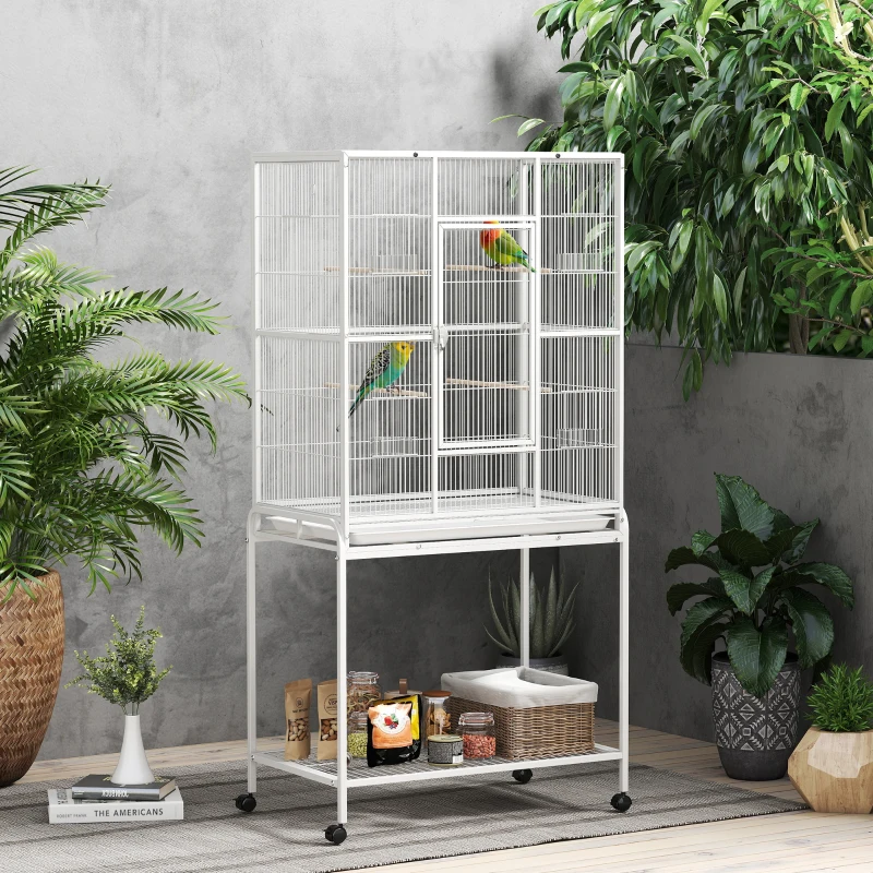 PawHut Cage à Oiseaux Portable avec 4 Mangeoires et 4 Perchoirs Pratique 81 x 48 x 162,5 cm Blanc