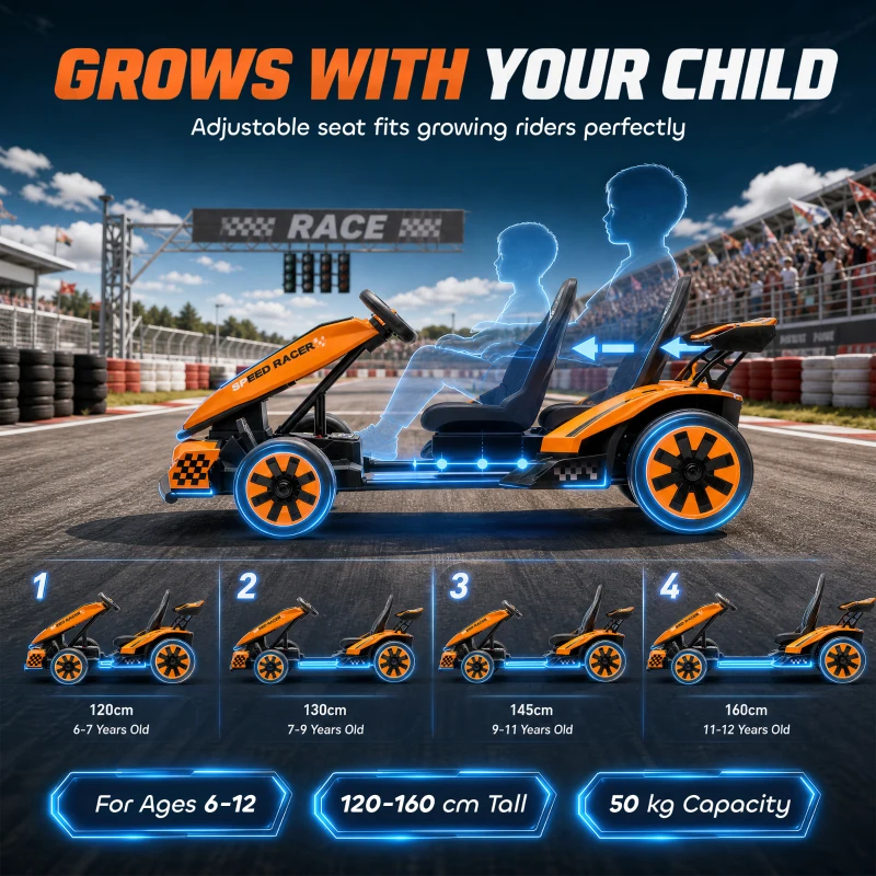 AIYAPLAY 24V Electric Go Kart for Kids 6-12 Years with Drift Mode, Adjustable Seat, 3 Speed, Slow Start, Orange