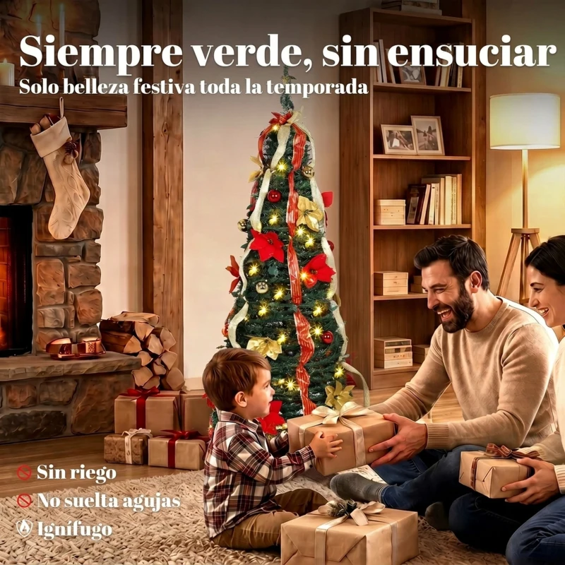 HOMCOM Árbol de Navidad Desplegable 150 cm con 70 Luces LED 11 Modos Mando a Distancia y Decoración Incluida Verde