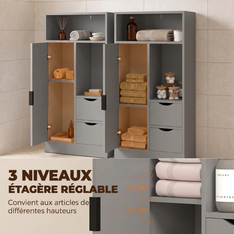 HOMCOM Meuble de salle de bain, meuble de rangement étroit avec 2 tiroirs, compartiments ouverts, 50x25x100cm, gris