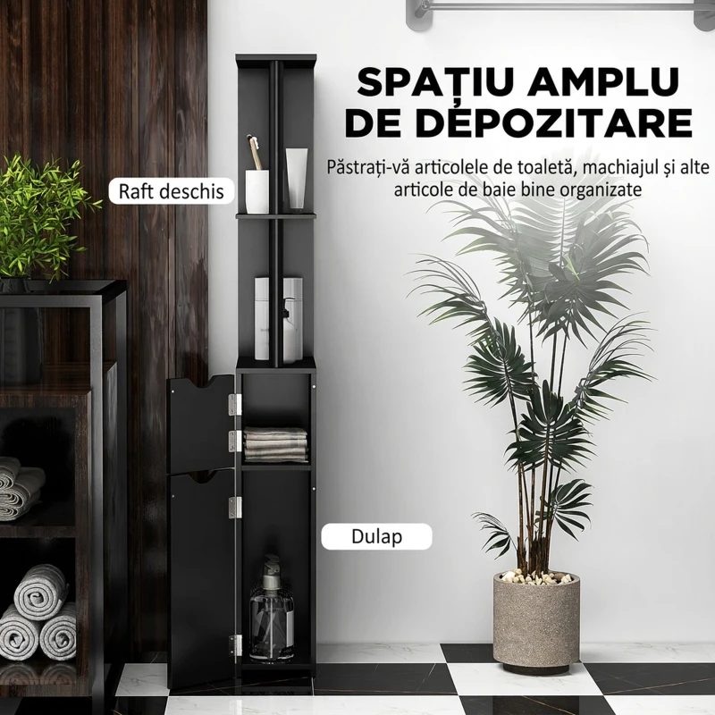 kleankin Coloană pentru baie cu 2 rafturi și 2 dulapuri, mobilier înalt și compact pentru baie, 15,2x29,8x118 cm, negru