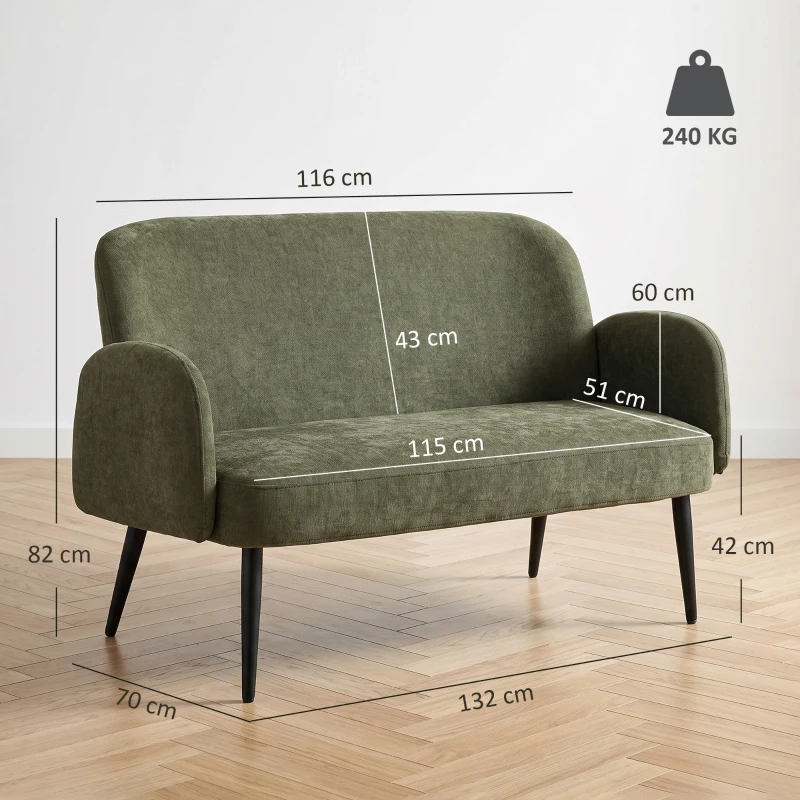 HOMCOM 132cm 2 Seater Sofa, Velvet Comfy Small Sofa Couch with Wide Seat, Thick Padding, Tapered Metal Legs, Green