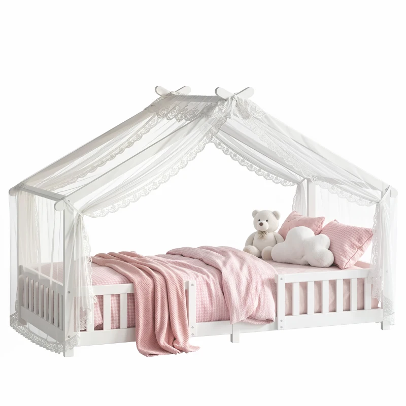 AIYAPLAY Wooden Kids House Single Bed Frame, Solid Pine Wood Toddler Bed with Dual Guardrails for Children, Boys, Girls, White