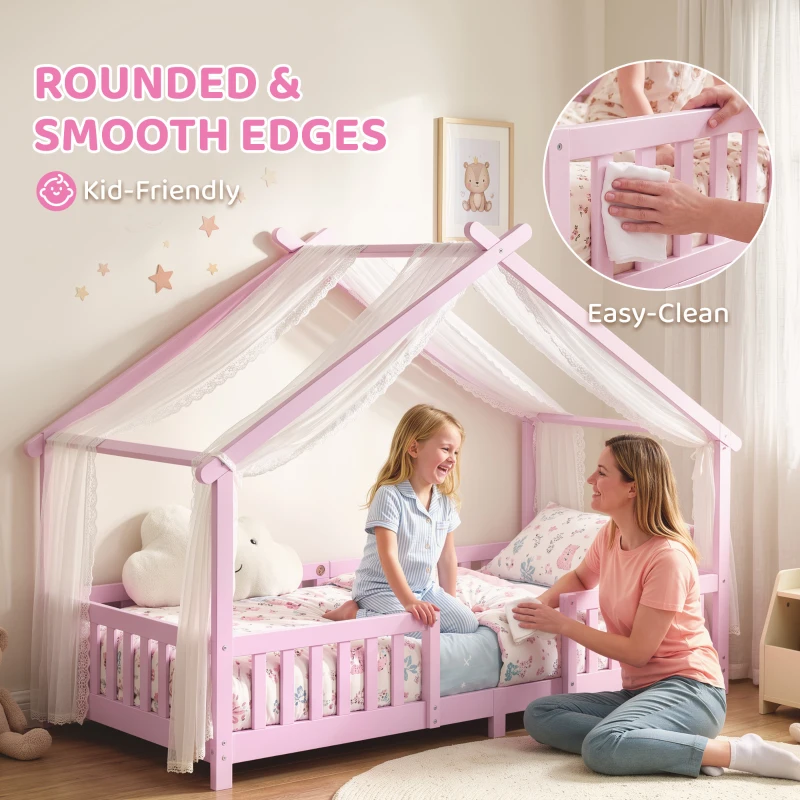 AIYAPLAY Wooden Kids House Single Bed Frame, Solid Pine Wood Toddler Bed with Dual Guardrails for Children, Boys, Girls, Pink