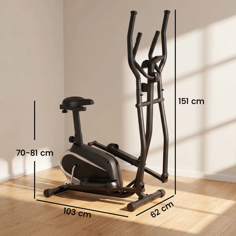 HOMCOM Bicicleta Elíptica con Resistencia Magnética Ajustable de 8 Niveles Bicicleta de Fitness con Sillín Regulable Pantalla LCD Pulsómetro y Soporte para Móvil para Casa Gimnasia 103x62x151 cm Negro