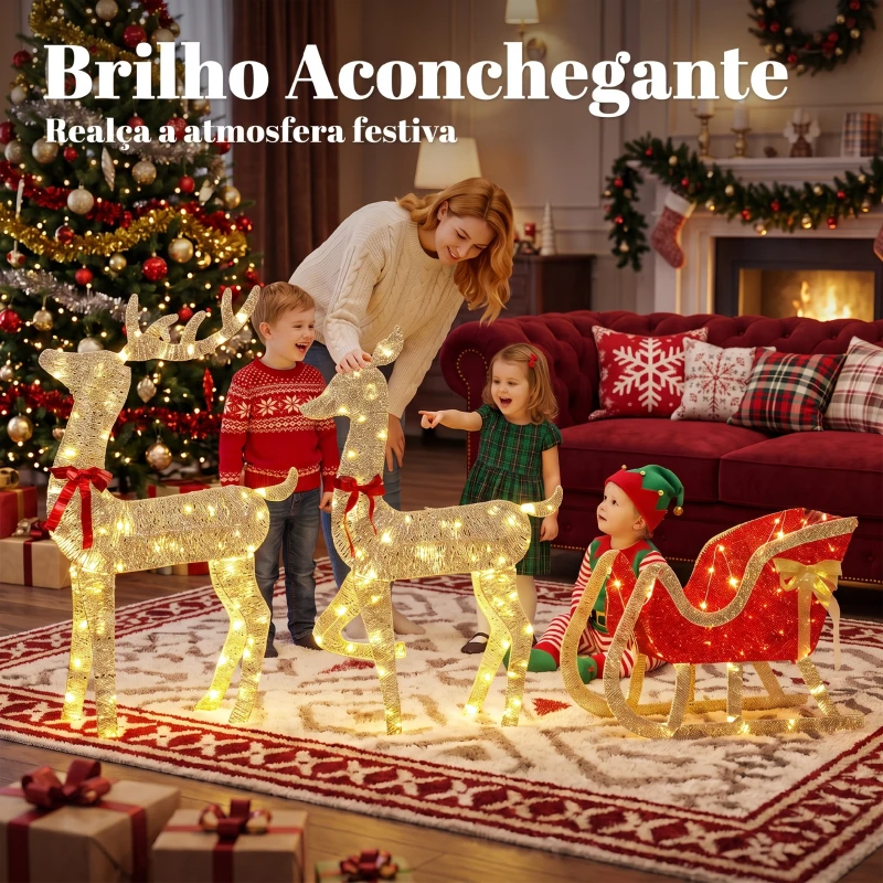 Outsunny Conjunto de 3 Peças com Renas de Natal Iluminadas, 200 LED Branco Quente, 8 Modos e Temporizador Diário