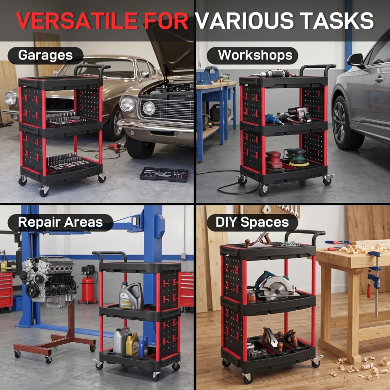HOMCOM 3-Tier Rolling Tool Cart with Pegboard and Hooks, Storage Trolley Wheel Cart with Brakes, Black & Red