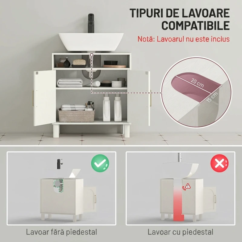 HOMCOM Dulap sub lavoar pentru baie, cu 2 uși arcuite încastrate, raft reglabil, pentru lavoare fără piedestal, crem