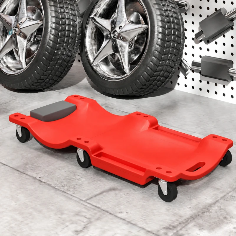 HOMCOM Chariot de Visite Mécanicien Planche à Roulettes Ergonomique Appui-Tête Rembourré et Range-Outils 101x46x12cm Rouge