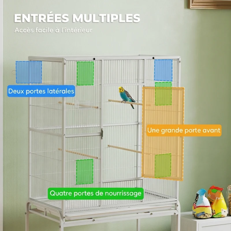 PawHut Cage à Oiseaux Portable avec 4 Mangeoires et 4 Perchoirs Pratique 81 x 48 x 162,5 cm Blanc