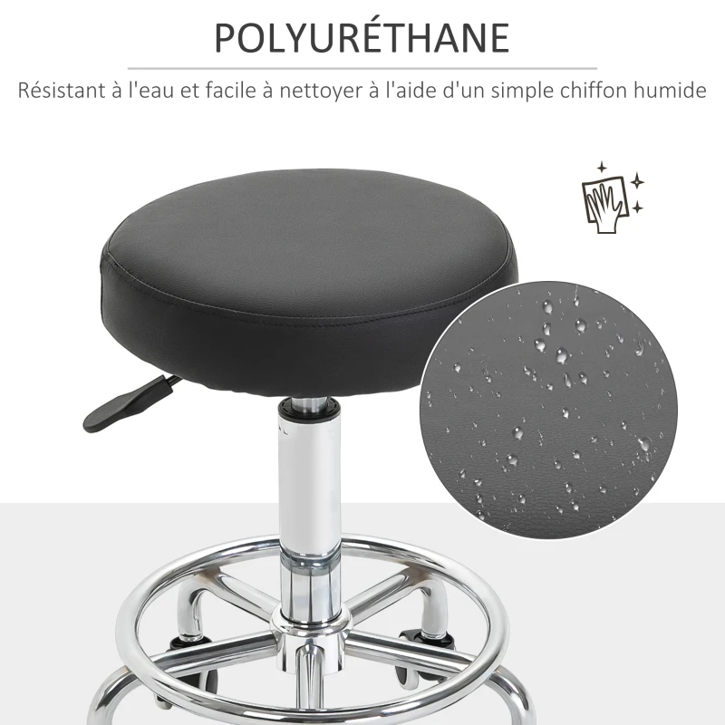 Vinsetto Tabouret à roulettes, tabouret de massage avec hauteur réglable 50-64 cm et assise rembourré, pivotant 360°, noir