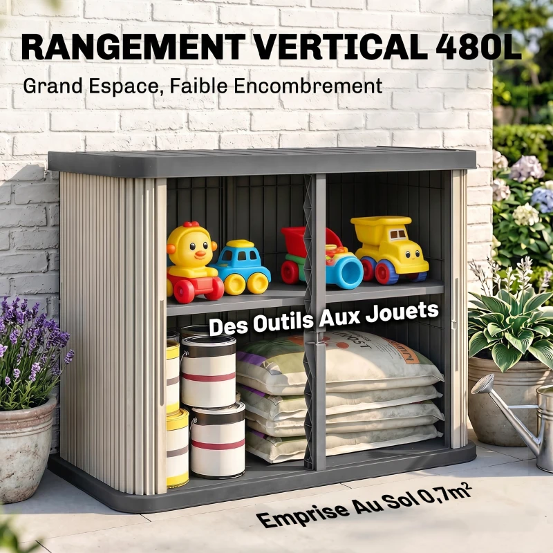 Outsunny Coffre de Rangement Extérieur 480 L, 2 Niveaux avec Portes Coulissantes Résistant aux UV, 120,5x59,5x92cm, Gris