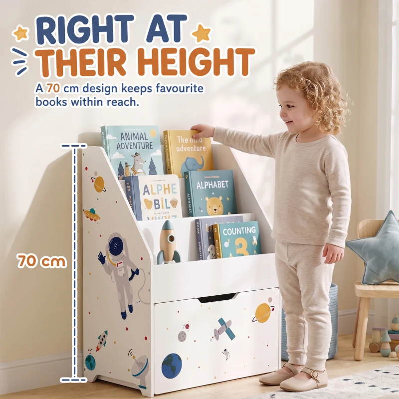 AIYAPLAY Kids Bookshelf, Montessori Inspired Childrens Bookcase with Moveable Drawer, 3-Tier Bookshelf for 3-8 Years, White