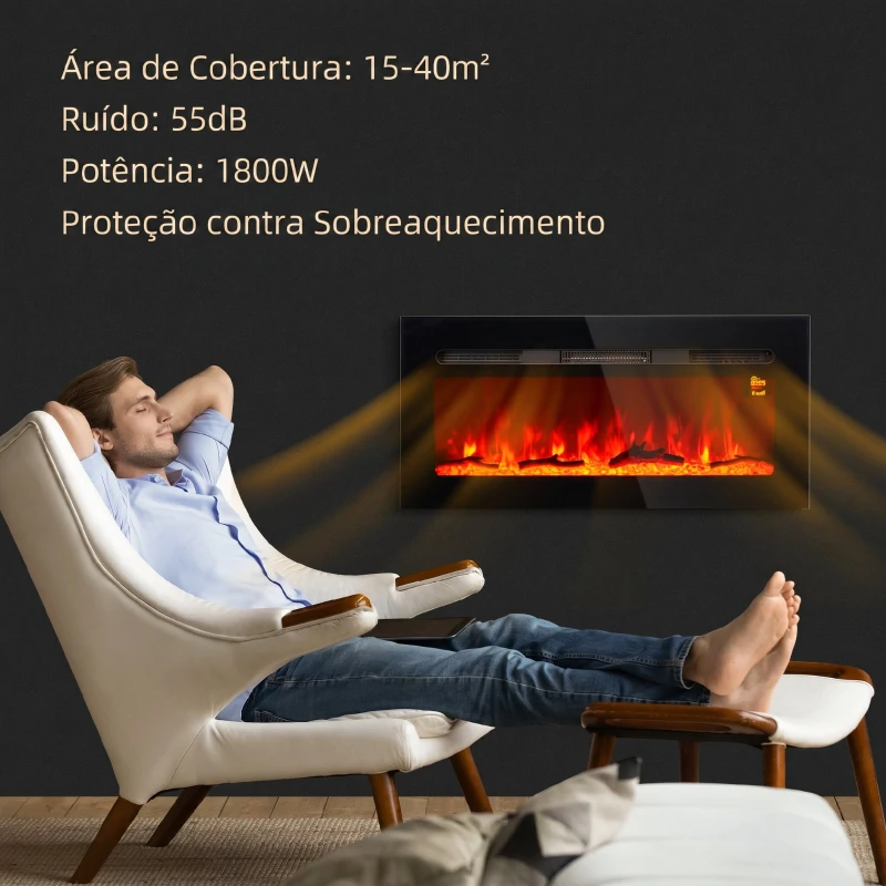 HOMCOM Lareira Elétrica de Parede, Aquecedor 1800W, Chama LED 3D, Cristais, 3 Cores, 5 Níveis de Brilho, Comando, Temporizador, Ecrã Tátil, Preto
