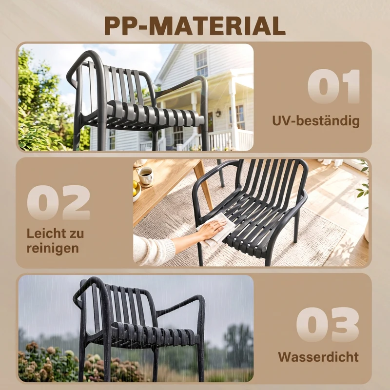 Outsunny Gartenstühle 4er Set Stapelbare Terrassenstühle mit Lamelldesign Armlehnen, Ergonomisch Dunkelgrau