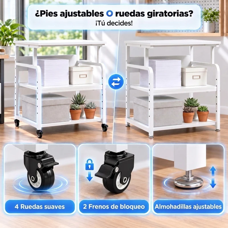 HOMCOM Soporte para Impresora con Ruedas 3 Niveles y Estante Ajustable 60x50x68 cmBlanco