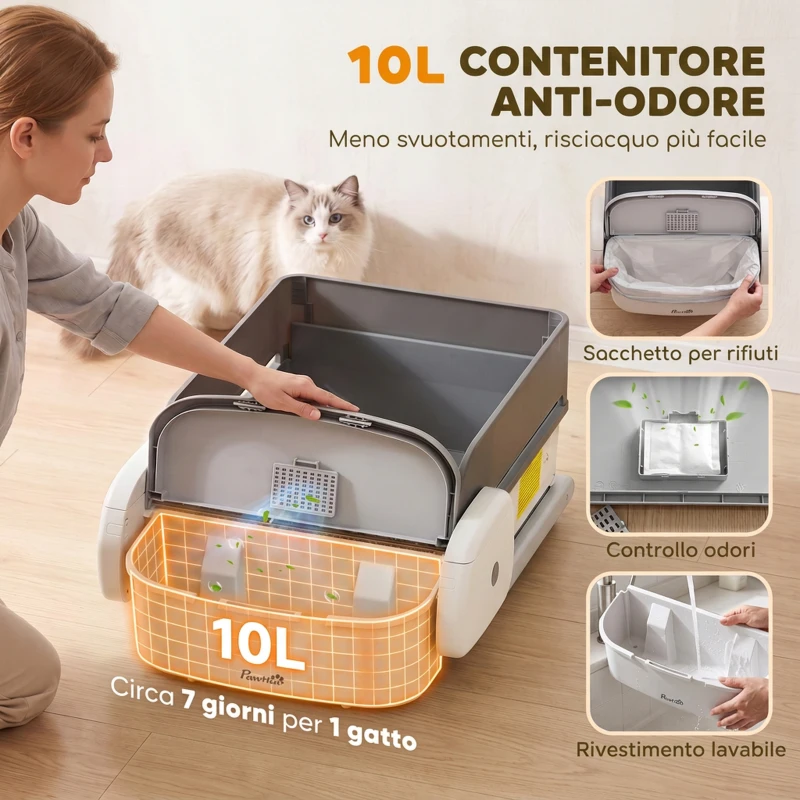 PawHut Lettiera Gatto Autopulente Controllo App WIFI, Design Aperto, Contenitore Rifiuti 10L, Gatti 1.5-8 kg
