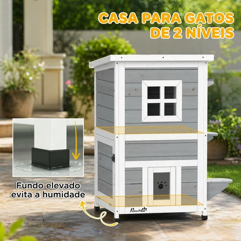 PawHut Casota Exterior para Gatos em Madeira de 2 Níveis com Telhado Basculante, Plataformas de Salto e Portas, 51x51x81,3 cm, Cinzento