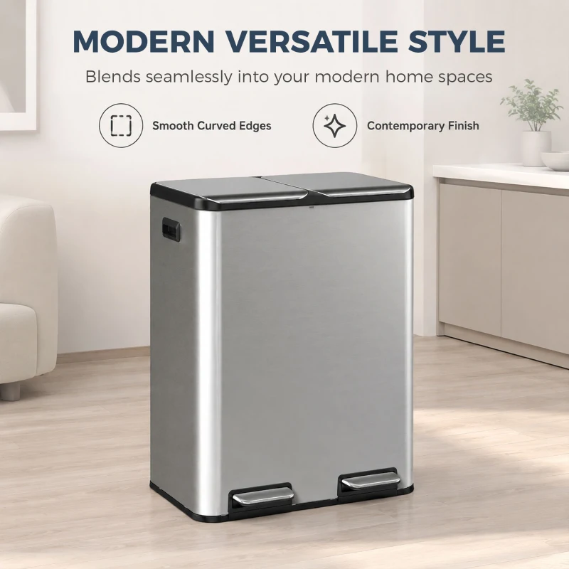 HOMCOM 2 x 30L Double Kitchen Bin, Stainless Steel Pedal Rubbish Bin with Dual Compartments, Soft Close Lids, Silver Tone