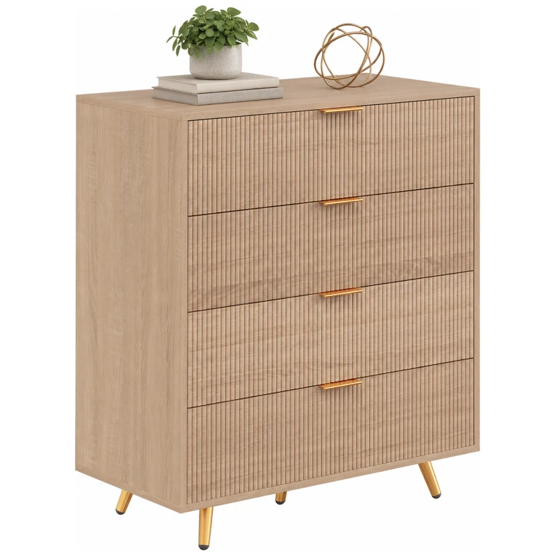 HOMCOM Bedroom Chest of Drawers with 4 Drawers, Fluted Dresser with Gold Tone Handles, Storage Cabinet, Natural