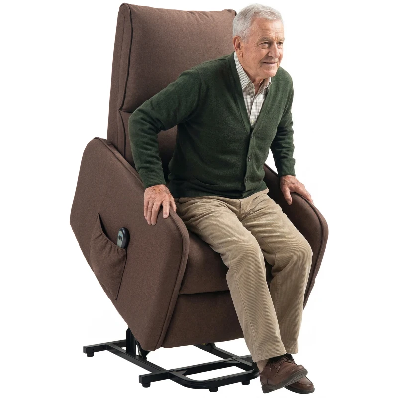 HOMCOM Fauteuil Relax Reclinable Électrique Releveur en Tissu Lin Télécommande Assise à Ressorts Repose-pieds Marron