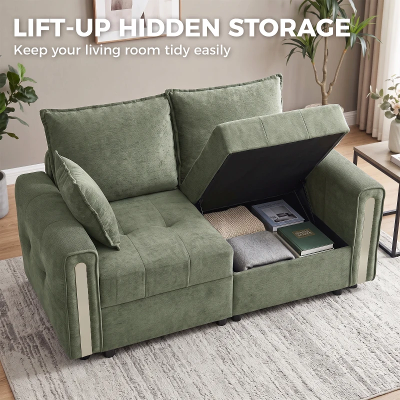 HOMCOM 2 Seater Sofa with Lift-Up Storage, 168 cm Comfy Velvet Small Couch with Wide Deep Seat, Plush Backrest, Thick Padding, 2 Pillows, Loveseat for Living Room, Home Office, Dark Green