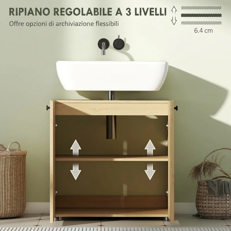 HOMCOM Mobile Sottolavabo per Bagno con 2 Ante Chiusura Morbida, Ripiano Regolabile, per Lavabi senza Colonna, Rovere